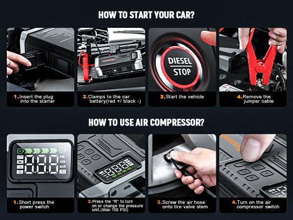 Povasee Jump Starter with Air Compressor 5000A Portable Jump Box up to 9L gas/8L Diesel,inflates Tires to 150PSI 12V Car Battery Jumper Starter - style: With Air Compressor