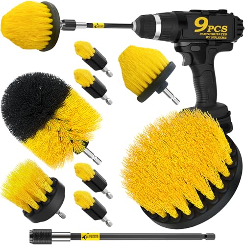 Holikme 9Pack Drill Brush ，All Purpose Drill Brush with Extend Attachment for Bathroom Surfaces, Grout, Floor, Tub, Shower, Tile, Kitchen and Car，Corner,Masonry Brushes，Yellow