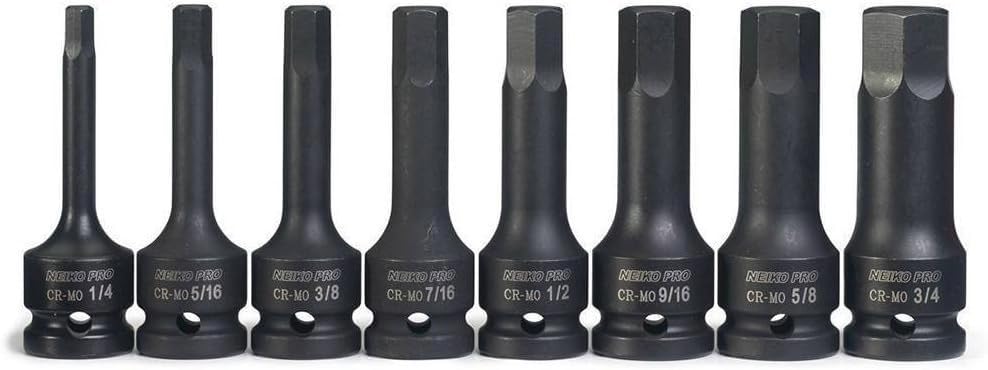 NEIKO 01137B 1/2-Inch-Drive Allen Socket Set, 3-Inch Length, 1/2-Inch Impact Hex-Bit Socket Set, SAE Hex Driver 1/4" to 3/4", CrMo Steel, Impact-Grade, 8-Piece Set - style: SAE