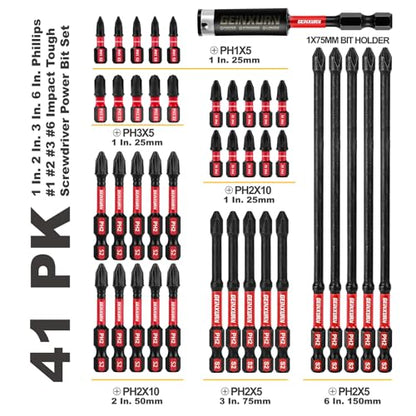 Geinxurn Impact Tough Mixed #1#2#3 Phillips D2 Steel Long Extension Insert Driver Bits, 41Pack 1/4 Inch Hex Shank Long Cross Magnetic PH1/PH2/PH3 Screwdriver Bits Set with 1Pcs Magnetic Bit Holder - size: MIXED-PHD2-41PCS