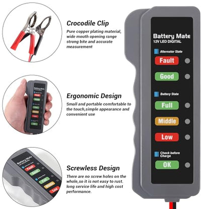 12V Car Battery Tester and Alternator Tester Automotive Battery Analyzer, Charging System Checker with LED Indicator for Cars, Trucks