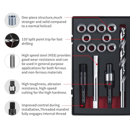 M12x1.25 Thread Repair Kit with Insert HSS Drill, Tap, Counterbore, Installation Driver, Metric, 10PCS Stainless Steel Insert M12X1.25X15MM
