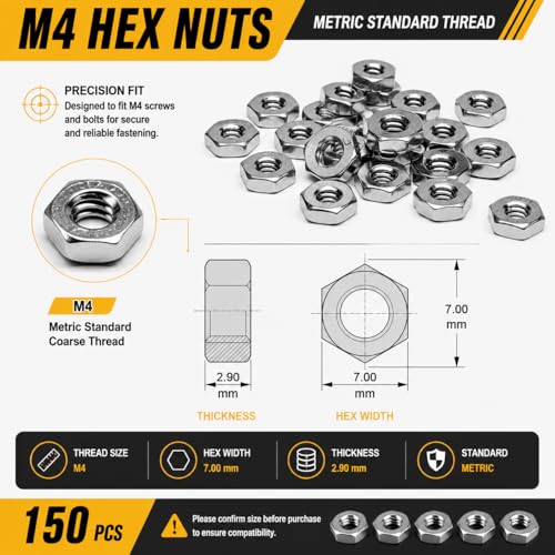 150Pcs M4 Hex Nuts, 304 Stainless Steel Hardware Nuts, Full Thread Hex Drive, for Robotics, Furniture Assembly, Electronics, and Home Repairs - size: M4 (150 pcs)