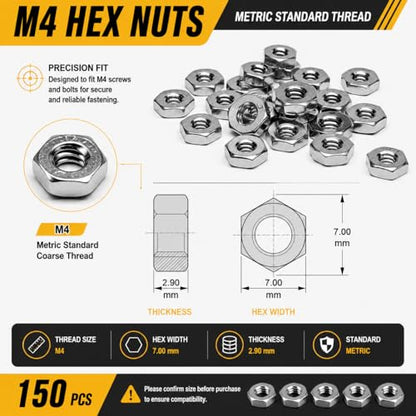 150Pcs M4 Hex Nuts, 304 Stainless Steel Hardware Nuts, Full Thread Hex Drive, for Robotics, Furniture Assembly, Electronics, and Home Repairs - size: M4 (150 pcs)