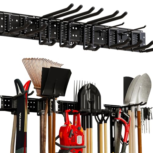 NattyDot 49.5" Garage Tool Wall Organizer, 9 Shed Hooks for Shovels, Black | Wide 49.5-inch Wall Rack 9 Hooks for Skis, Shovels and Garden Tools, Creating Tidy Garage, Workshop and Shed Storage