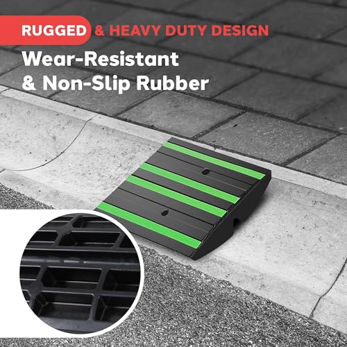 Pyle 1 Ft. Rubber Threshold Curb Ramp with Green Reflective Strips, Expansion Screws for Driveways, Car & Vehicle Use, Single Wear-Resistant Non-Slip Rubber Ramp, 12.0’’ x 16.0’’ x 2.6’’ Inches - color: Green, size: Pack of 1