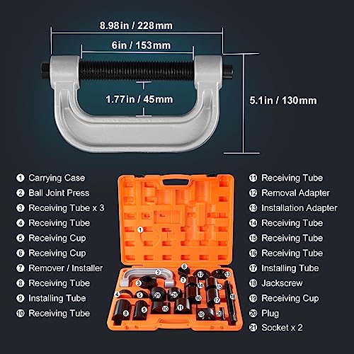 VEVOR Ball Joint Press Kit, 23 pcsTool Kit, C-Press Ball Joint Removal and Install Tools, for Most 2WD and 4WD Cars, Including 2-9/64 Inch,1-59/64 Inch Ball Joint Sockets Compatible with Chrysle - style: 23 PCS