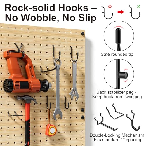 VOIMO Bamboo Pegboard Wall Organizer, 4 Panels, 16 x 12 in, 35 Hooks | Wall-mounted storage for tools, craft supplies, office essentials, kitchen accessories, and small hardware for garage use - size: 16'' X 12'' (4 Panels)