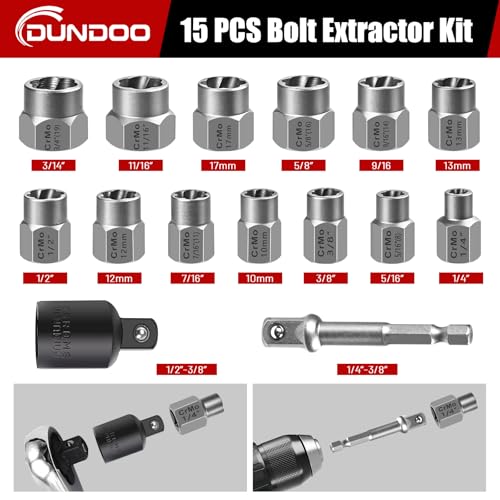 Bolt Extractor Set, 15PCS Easy Out Bolt Extractor Kit, 3/8" Drive Impact Stripped Bolt Remover Extractor Socket Set Tool for Rusted, Rounded, Damaged Nuts - size: 15pcs