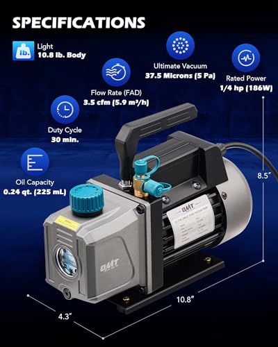 Orion Motor Tech AC Vacuum Pump and Gauge Set, 1/4 hp 3.5 cfm Vacuum Pump Manifold Gauge Kit with 3 Hoses Adapters & Accessories for R134a R12 R22 R502, A/C Vacuum Pump Kit for Auto HVAC Systems - size: 3.5 CFM&3 way