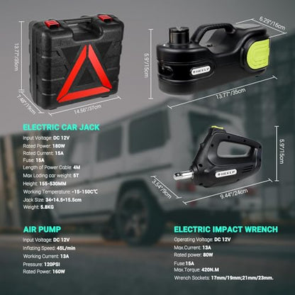 E-HEELP Electric Car Jack Kit 5T 12V Hydraulic Tire Jack with Double Cylinder Air Pump & LCD Touch Screen & Impact Wrench Portable Car Lift for Tire Changes and Roadside Emergencies