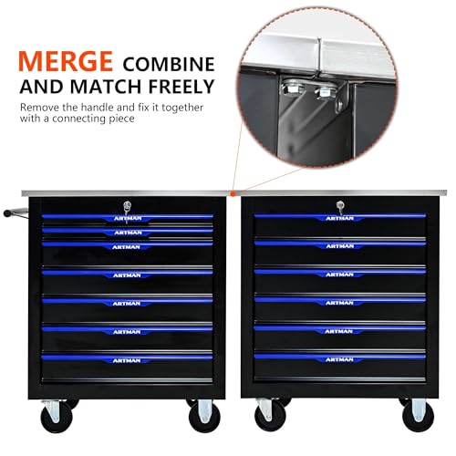 7 Drawer Heavy Duty Rolling Tool Chest, Mobile Metal Lockable Tool Cart with Stainless Steel Worktop, Garage Tool Storage Cabinet for Workshop Auto Repair, Black & Blue, 30.7" H × 25.9" W - size: 7 Drawers