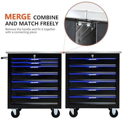 7 Drawer Heavy Duty Rolling Tool Chest, Mobile Metal Lockable Tool Cart with Stainless Steel Worktop, Garage Tool Storage Cabinet for Workshop Auto Repair, Black & Blue, 30.7" H × 25.9" W - size: 7 Drawers