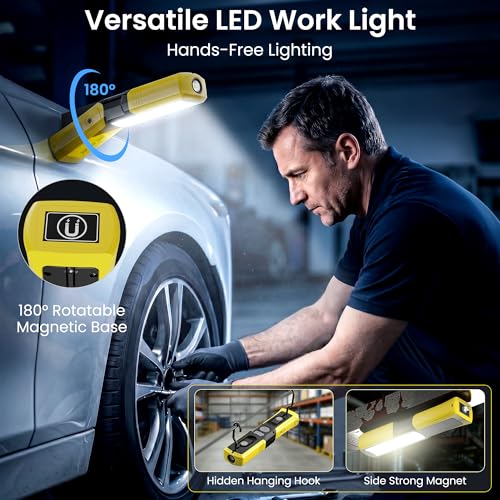 Magnetic Flashlight 6000mAh Rechargeable, LED Underhood Work Light 1 Pack | 5 Light Modes, 180° Rotating Base, Side Magnet, Hidden Hook, IP44 Waterproof,Car Mechanics, BBQ Grill, Gift for Dad, Men