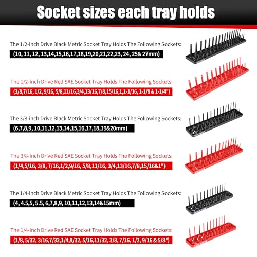 TOOLEAGUE 7Pcs Socket Organizer Tray and Magnetic Wrench Holder Set,Red SAE & Black Metric, 1/2", 1/4", 3/8" Socket Storage Trays for Tool Box Drawer - size: 7pcs