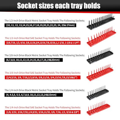 TOOLEAGUE 7Pcs Socket Organizer Tray and Magnetic Wrench Holder Set,Red SAE & Black Metric, 1/2", 1/4", 3/8" Socket Storage Trays for Tool Box Drawer - size: 7pcs
