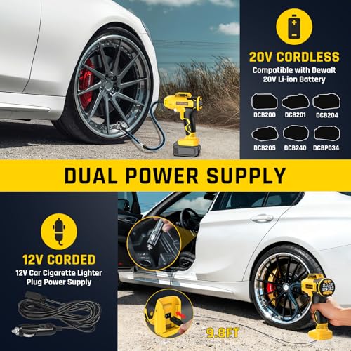 Portable Tire Inflator Air Compressor Compatible with Dewalt 20V Battery, DC 12V Car Power Supply, 160PSI Cordless Air Pump with LCD Pressure Gauge, LED Light, 5 Preset Modes for Car, Bike, Ball