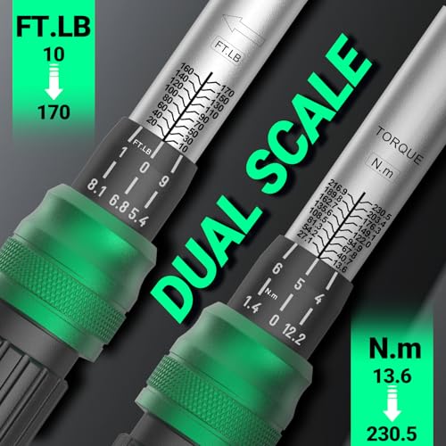1/2" Drive Click Torque Wrench, 10-170 Ft-Lb/13-230 Nm Dual-Direction Adjustable 72 Tooth Ratchet, ±3% Accuracy Heavy Duty Torque Wrench for Automotive Repair, Lug Nuts and Suspension Work - size: 1/2", 10-170 ft-lb