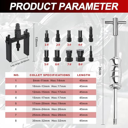 12pcs Motorcycle Blind Hole Bearing Puller Kit, Motorcycle Slide Hammer Puller Set, Pilot Insert Inner Bearing Remover Tool with 8-32mm Collets - size: 12pcs with Slide Hammer