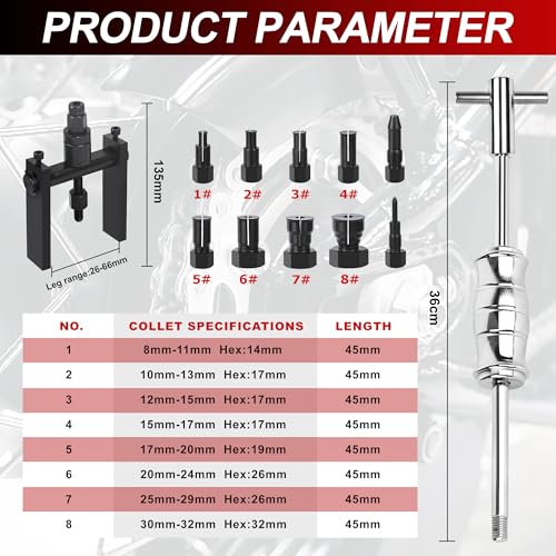 12pcs Motorcycle Blind Hole Bearing Puller Kit, Motorcycle Slide Hammer Puller Set, Pilot Insert Inner Bearing Remover Tool with 8-32mm Collets - size: 12pcs with Slide Hammer