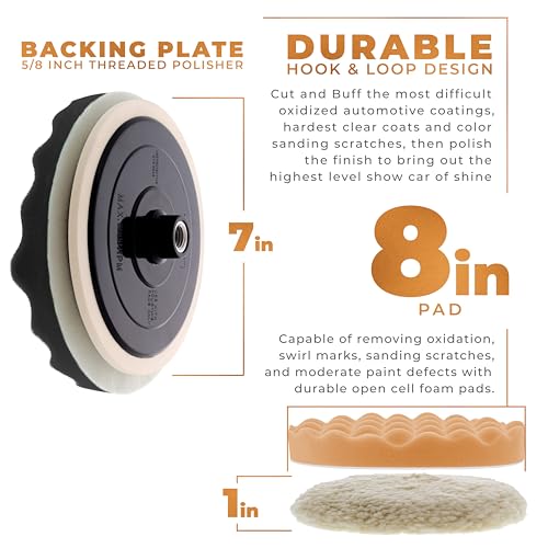 TCP Global Professional 6 Pad Buffing and Polishing Kit with 5 Waffle Foam Pads and 1 Wool Grip Pad for Car Detailing - Complete 8 inch Polisher Buffing Pads Set with 5/8 inch Threaded Backing Plate
