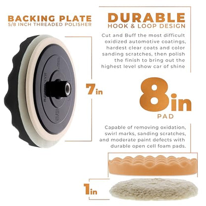 TCP Global Professional 6 Pad Buffing and Polishing Kit with 5 Waffle Foam Pads and 1 Wool Grip Pad for Car Detailing - Complete 8 inch Polisher Buffing Pads Set with 5/8 inch Threaded Backing Plate