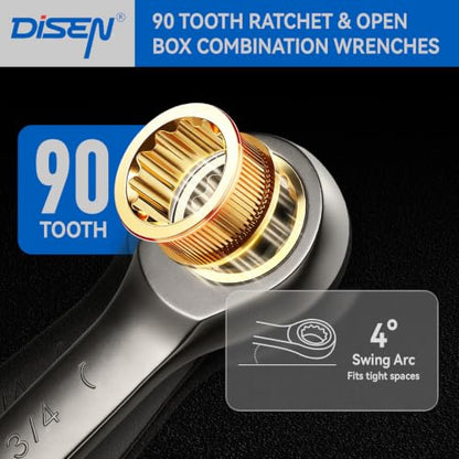DISEN 26 Piece Ratcheting Wrenches Set 90 Teeth, Combination Wrenches Set Metric 6MM-19MM and SAE 1/4 Inch-13/16 Inch, Cr-V Steel, Ratchet Set Nickel Plating with Organizer Visit the Store