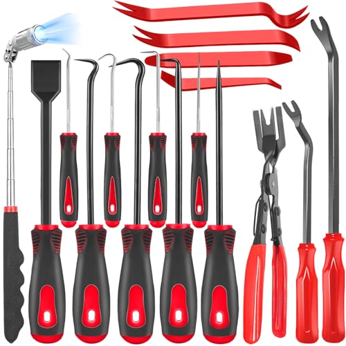 XBVV 17 Pcs Pick and Hook Set with Trim Removal Tool, Clip Pliers, Fastener Remover,Scraper,and Magnetic Telescoping Tool Kit for Repair Automotive,Upholstery and Electronics Maintenance Pick Tools