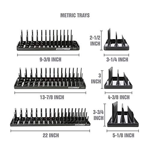 OEMTOOLS 22337 3-Post SAE And Metric Socket Tray Set, 6 Piece, Deep, Shallow, And Impact 3 Row Socket Organizer for Tool Box Drawer, 1/4, 3/8 and 1/2 Inch Drive, SAE And Metric, Black, Green - size: 6 Piece SAE and Metric