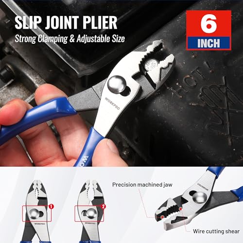 WORKPRO Pliers Set, 3-Piece Plier Tool Set with Soft Handle | 6" Needle Nose Plier, 6" Slip Joint Plier, 8" Groove Joint Plier for DIY & Home Use - color: Blue