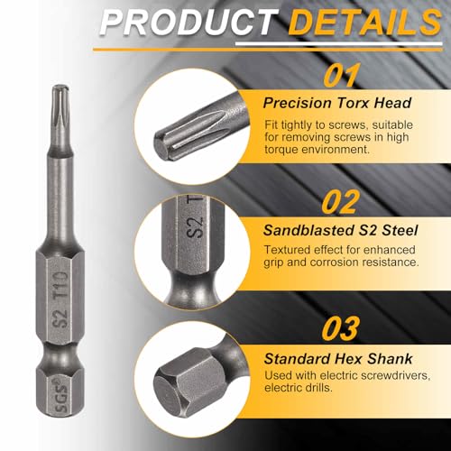 HARFINGTON 10pcs T10 Torx Head Screwdriver Bit 1/4" Hex Shank 2" (50mm) Long Magnetic No Hole Tip Tamper Proof 6 Point Star Screw Driver Drill Bits S2 Steel Industrial Power Screwdrivers - size: T10 x 2"