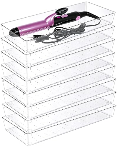 Manalete 8 Pack 15"x6" Extra Large Clear Plastic Drawer Organizer Trays, Multi-Purpose Storage Bins for Vanity, Makeup, Kitchen Utensils, Bathroom, Office Desk, Auto Tools & Craft Supplies - size: 8 Pack 15"×6"