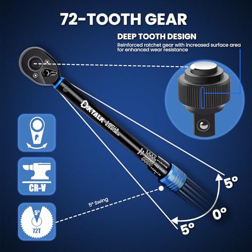 3/8 Inch Drive Click Torque Wrench (6.78-61 N.m & 5-45 FT.LB), ±3% Accuracy, 72-Tooth Reversible Ratchet, CR-MO Steel for Automotive Repair, Motorcycle, Bike - with Storage Case - size: 3/8 Inch