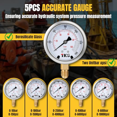 Hydraulic Pressure Test Kit,5 Gauges 12 Test Couplings.14 Tee Connectors.5 Test Hoses,Hydraulic Pressure Gauge Tester Set with Sturdy Carrying Case for Excavator Construction Machinery