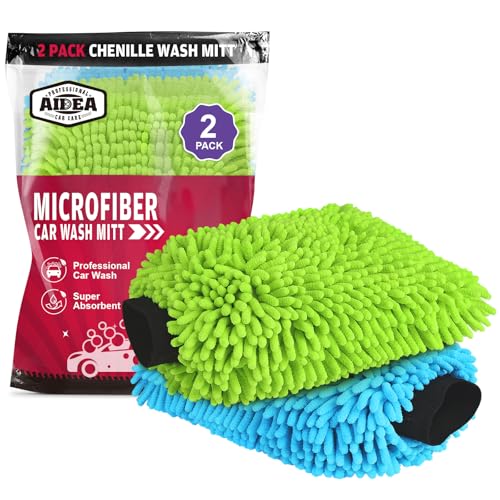 AIDEA Car Wash Mitt Microfiber, 2PK, Car Wash Brush, 8''X12'' | Scratch Free Lint-Free, Premium Chenille Microfiber Mitt, Extra Large Size, Green & Blue - color: Green Blue, size: 2PK-8''X12''
