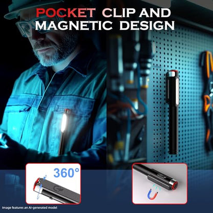 Rechargeable Pen Light, 800 Lumens LED Pen Flashlights 6 Modes COB Magnetic Flashlight with Clip Bright Pocket Flashlights Work Light Portable Waterproof Durable Penlight for Work Emergency - size: 5.39in