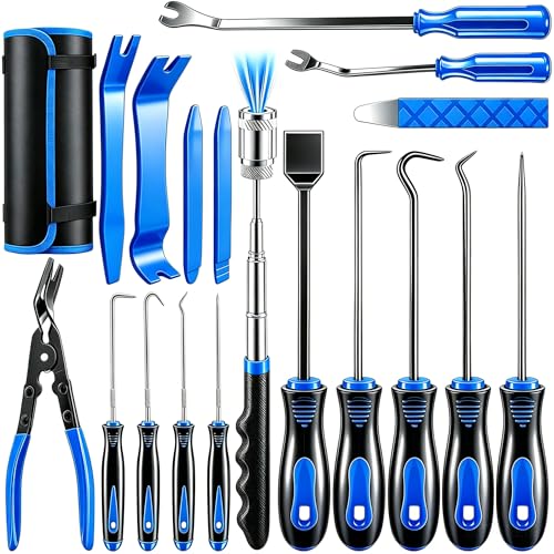 DWH 18 Pcs Precision Pick and Hooks Set, Trim Removal Tool Kit with Scraper Telescoping Magnetic Pickup Tool Panel Clip Plier Fastener Remover, Metal Plastic Trim Tools, Automotive Mechanic Bag, Blue - color: blue