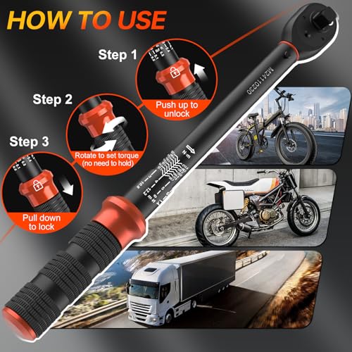 Upgraded Torque Wrench Set 8PCS, 1/4 3/8 1/2 inch Drive Click Torque Wrench, 10-230in.lb, 5-50ft.lb, 10-180ft.lb, 72-Tooth Dual Scale, ±3% Accuracy, 5 Adapters, for Bike, Moto, Car Repair and Maint - size: 1/2 3/8 1/4-inch (8pcs)