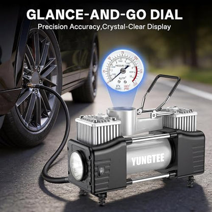 YUNGTEE Silver Tire Inflator Heavy Duty Double Cylinders Direct Drive Inflation Pump, 12V Portable Air Compressor Pump with Emergency LED Light - 150PSI, Apply to Car, SUV, RV - color: Silver