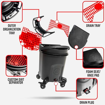 Adam's Complete Premium Detailing Bucket - Car Wash Bucket with Grit Guard, Seat Pad, Organization Rack, Drain Plug, 2 Locking Wheels | Innovative Detail 5 Gallon Bucket Kit System - size: Twin