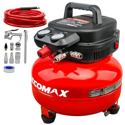 ECOMAX 6 Gallon Pancake Air Compressor 175PSI 3 CFM @ 90 PSI | Oil-Free Pump, 10 Accessories Kit, Dual Quick Couplers, for Brad Nailers, Air Tools & Tire Inflation - style: Accessories Kit
