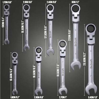 vivicreate 8 Piece Ratcheting Wrench Set, Flexible Ratchet Wrenches Set Metric SAE, Combination Spanner Wrench Set, Chrome Vanadium Steel Gear Wrench Set with Roll Up Pouch for Mechanics