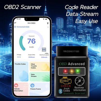 OBD2 Car Diagnostic Scan Tool - Engine Fault Reader, Live Data, iOS & Android Support, Automotive, ≤36V Voltage (Black)