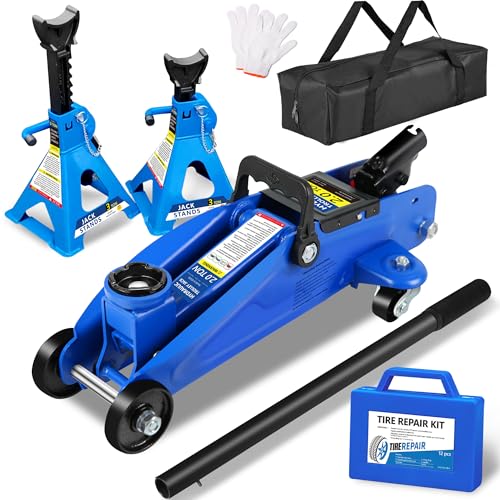2 Ton (4000 lbs) Capacity Floor Jack Low Profile Garage Hydraulic Trolley Service Lift Floor Jack Combo with Ratchet 3 Ton Jack Stands for SUV, Car and Truck, Blue - color: 2Ton with Jack stands+Tire repair kit Blue
