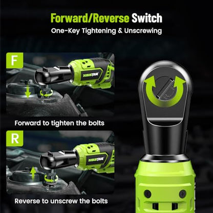 Robustrue 1/2" Electric Ratchet Wrench: 66Ft-lbs/400 RPM Variable Speed Cordless Power Ratchet Kit with 2x2000mAh Li-Ion Batteries, 8 Sockets, 1/4" and 3/8" Adapters, 3" Extension Bar for Auto Repair | 400 RPM brushless motor, 8 sockets, 1/4 and 3/8 adapt