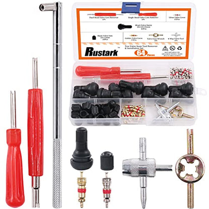 65 pcs Tire Valve Stem Tool Puller and Installer Kit- 50 Pcs Valve Cores with Slotted-Head Valve Caps, Tire Stem Puller Tools,Dual Single Head Valve Core Remover and 4-Way Valve Tool