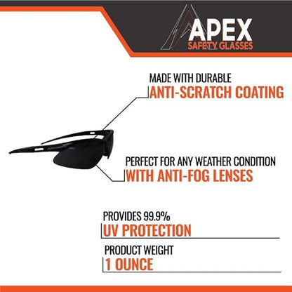 Malta Dynamics APEX Safety Glasses – Anti Scratch and Anti Fog Protection, Construction Safety Glasses for Men and Women, ISEA & ANSI Z87 Compliant (Tinted, 36 Pairs) - color: Tinted - 36 Pair