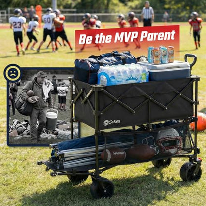 Sekey 500LBS Heavy Duty Double Decker Wagon with Extender, 400L Large Capacity Collapsible Garden Cart Fits 10x10 Canopy, All-Terrain Big Wheels with Brakes, Foldable Utility Wagon for Sports, Camping - color: Carbon Black