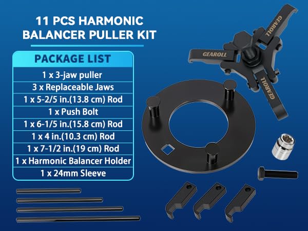 Harmonic Balancer Puller Installer Kit Set, Adjustable 3-Jaw Puller for Removing Harmonic Damper Pulley Compatible with Chevy GM Chrysler Ford ect