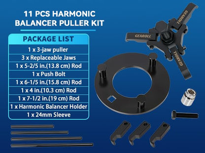 Harmonic Balancer Puller Installer Kit Set, Adjustable 3-Jaw Puller for Removing Harmonic Damper Pulley Compatible with Chevy GM Chrysler Ford ect